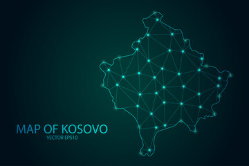 Map of Kosovo - With glowing point and lines scales on the dark gradient background, 3D mesh polygonal network connections.Vector illustration eps 10.