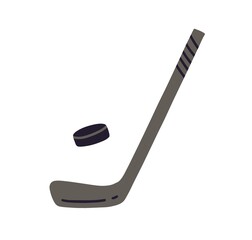 Set of ice hockey stick and puck isolated on white background. Equipment for winter sport. Colored flat vector illustration