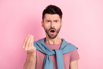 Photo of young crazy shocked amazed surprised man asking money debt crisis isolated on pink color...