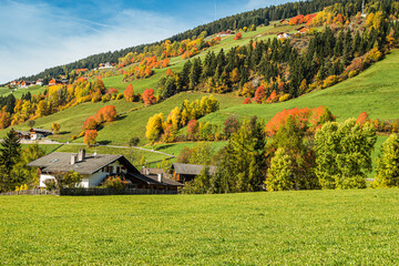 Early autumn in the village of Santa Magdalena in northern Italy on the slopes of the Dolomites in...