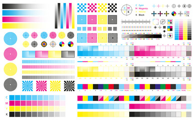 Printing cmyk marks. Offset print calibration marks, gradient color tone, color bars and registration plates. Color printing standard vector illustration set. Publishing graphic symbol utilities - obrazy, fototapety, plakaty