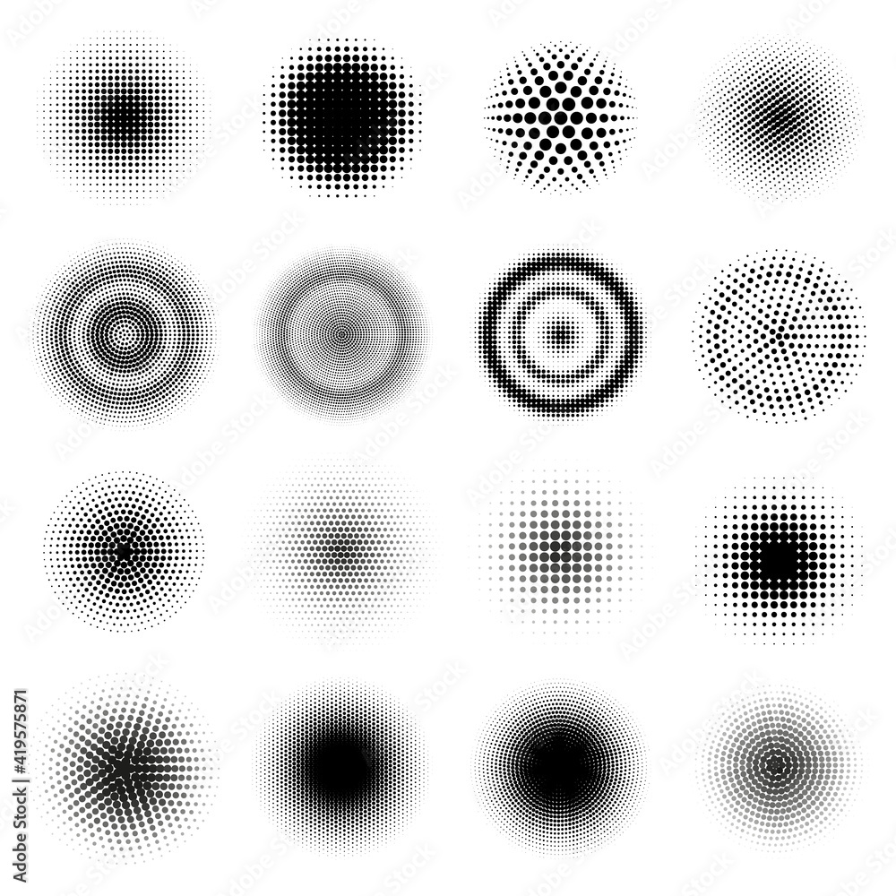 Poster halftone round patterns. circle dots gradient vector frames, dotted texture halftone texture. abstra