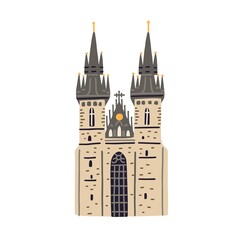 Obraz premium Tyn church in Prague. Old Czech building with black towers and gothic spires. Colored flat vector illustration of medieval European architecture isolated on white background