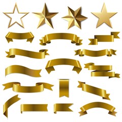 Golden Ribbons And Stars Set With Gradient Mesh, Vector Illustration.