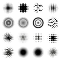 Halftone round patterns. Circle dots gradient vector frames, dotted texture halftone texture. Abstract dotted round shapes vector illustration set. Black gradient rings of dots and spots