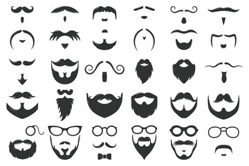 Moustaches and beards. Vintage hipster moustache silhouettes, moustache and beard masculine vector symbols set. Gentleman face hairstyle. Black curly hair, glasses and bow, barber logo