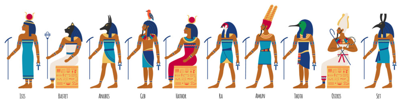 Ancient egyptian gods. Egyptian culture gods, Anubis, Osiris, Isis, Bastet and Amun Ra. Historical egyptian culture characters vector illustration set. Old painting style, religious elements