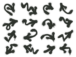 Fototapeta premium Spray graffiti arrows. Grunge texture ink pointing arrows, dirty paint pointer vector illustration set. Graffiti sprayed arrow symbols. Way and direction, dripping elements collection