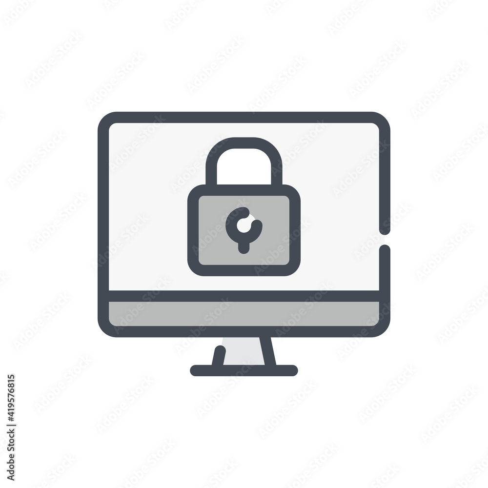 Poster online secure and internet protection color line icon. computer with lock vector outline colorful si