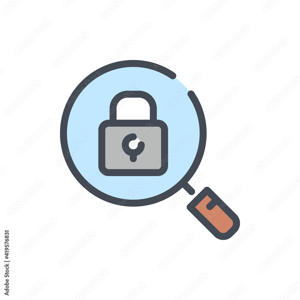 Poster password research color line icon. magnifying glass with lock vector outline colorful sign.