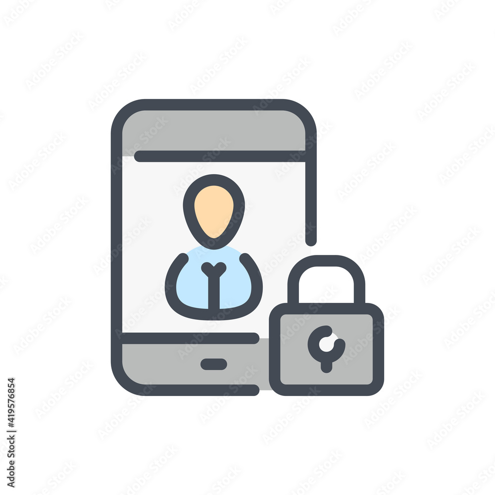Poster internet security and mobile phone access color line icon. mobile phone with lock vector outline col