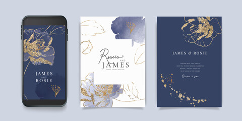 Luxury blue Social Media, mobile  Wedding invite frame templates. Vector background. Invitation mobile Floral with golden collage layout design.