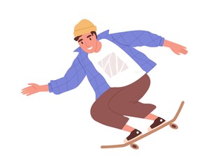 Skateboarder riding skateboard. Young skater training on long board. Summer street activity. Colored flat cartoon vector illustration of happy teenager on longboard isolated on white background