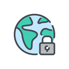 Secure internet and Global Protection color line icon. Planet Earth with lock vector outline colorful sign.