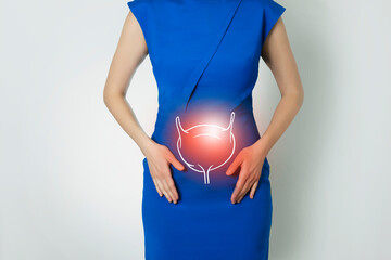 Photo template of unrecognizable woman representing graphic visualisation of bladder organ highlighted red.
Detox and digestive system health concept. Photo/ linear handrawn illustration.