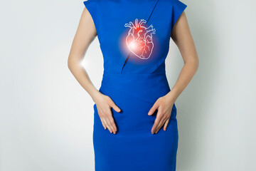 Photo template of unrecognizable woman representing graphic visualisation of heart organ highlighted red. Detox and digestive system health concept. Photo/ linear handrawn illustration. - obrazy, fototapety, plakaty