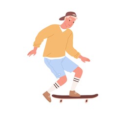 Modern skateboarder pushing with foot and riding skateboard. Young male skater with long board. Summer outdoor activity. Colored flat cartoon vector illustration isolated on white background