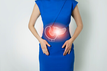 Photo template of unrecognizable woman representing graphic visualisation of pancreas organ...