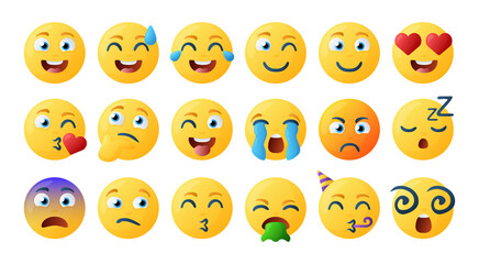 Obraz premium Emoji set pack icons for apps. Bundle of bright emoji with simple gradient.