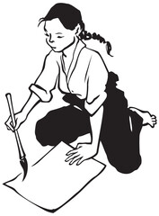 Oriental painting and calligraphy, girl with ink brush. Shodo, sumi-e, u-sin, go-hua, traditional japanese, chinese, korean art draving in vector