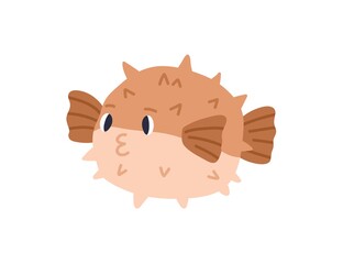 Cute pufferfish or globefish with thorns. Japanese round pfuffer fish or blowfish. Childish colored flat cartoon vector illustration of funny fugu isolated on white background © Good Studio