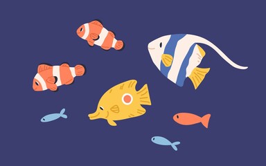 Set of small bright marine fishes. Collection of sea and ocean underwater fauna. Childish colored flat cartoon vector illustration of tropical underwater creatures