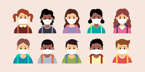 Set of children cartoon. collection of boys and girls wearing medical mask to prevent disease, flu, air pollution, contaminated air, world pollution.