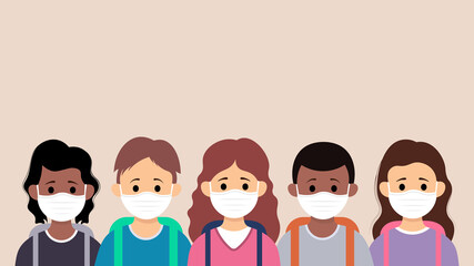 Group of children wearing medical mask to prevent disease, flu, air pollution, contaminated air, world pollution in flat style.