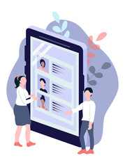 vector illustration on the topic of recruiting for work, personnel managers, human resources. Smartphone screen with resume of job seekers. flat illustration for websites, magazine apps