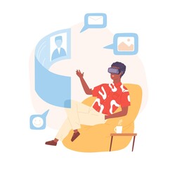 Person in VR headset talking to friend via video call. Futuristic communication of people in virtual reality. Colored flat cartoon vector illustration of man and AR screen isolated on white background