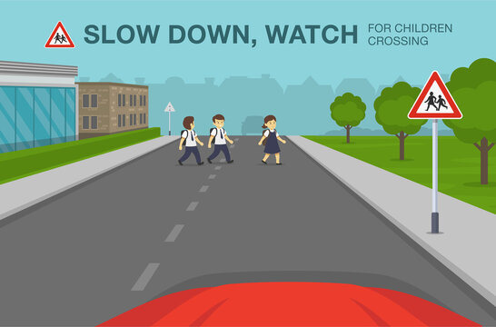 vector illustration of a schoolchildren crossing the road with the