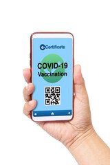 Hand holding smartphone shown covid-19 vaccination certification.