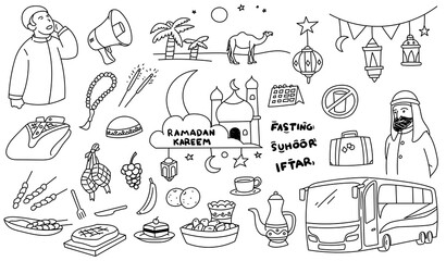 Set of vector doodle element related to holy Ramadan. Muslim fasting during Ramadan holy month event. 