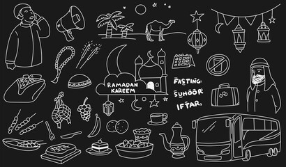 Set of vector doodle element related to holy Ramadan. Muslim fasting during Ramadan holy month event. Chalkboard style