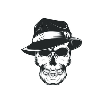 Vector monochrome skull in fedora hat. Gangster skull illustration. Mafia art isolated on white background