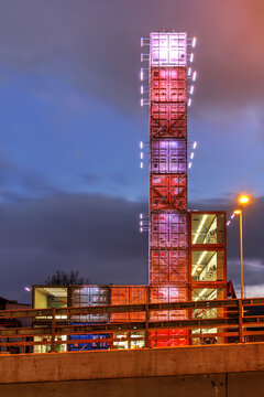 Zurich, Switzerland - February 27, 2021 - Built from 19 used shipping containers in 2006, the Freitag Tower is the flagship store of the Freitag brand, not far from where it initially started in 1993.