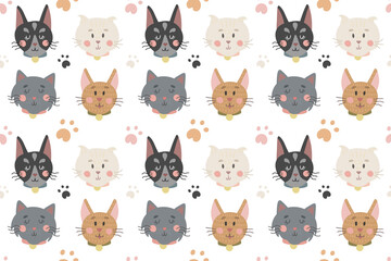 Cat pattern of different breeds with paws. Cute baby decoration of cute cartoon animals. Vector image isolated on white background