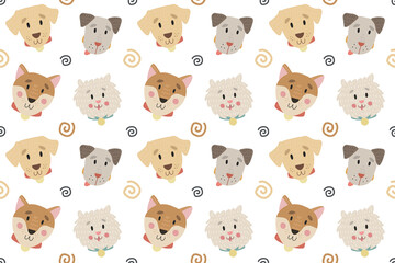 Obraz premium Dog pattern of different breeds of puppy. Cute baby decoration of cute cartoon animals. Vector image isolated on white background