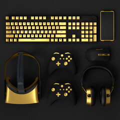 Top view of gamer workspace and gear like mobile, keyboard, joystick, headset © Vasyl Onyskiv