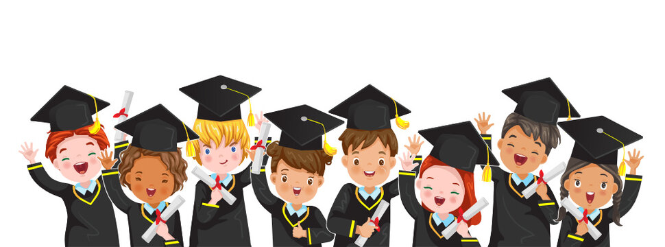 Graduate children group. Portrait of Characters of international child. Graduation boys and little girls is jumping. Child graduate wearing a mortarboard. Diploma graduating little for kid.