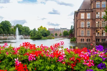 Fotobehang beautiful spring flowers on the edge of the lake near dutch parliament building in The THe Hague Netherlands © Enlight fotografie