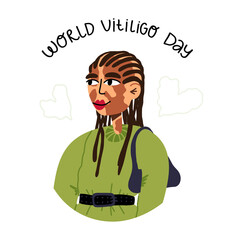 Cute stylish young woman with braids and hand lettering World vitiligo day. Vector cartoon style isolated illustration.