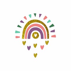 Vector illustration of a shining rainbow isolated on a white background. Rain from hearts. Shining golden elements. Gold sparkles, shimmer.