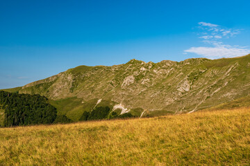 Steep mountain ridge covered by meadows with limestone rocks - part of Oslea mountain ridge in Valcan mountains in Romania