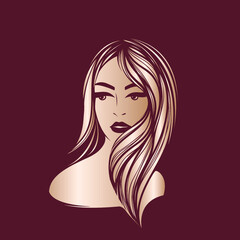 Hair salon, beauty studio logo.Long, wavy hairstyle blonde woman.Elegant makeup.Pretty portrait.Hairdresser icon.Luxury, spa style.Young lady face isolated on dark background.Shiny gold color.