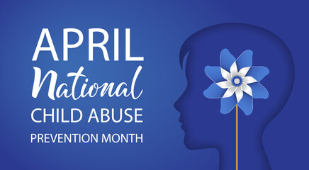 National Child Abuse Prevention Month. April. Boy silhouette with pinwheel on blue background. Stop child violence. Template for banner, card, poster with text inscription. Vector illustration.