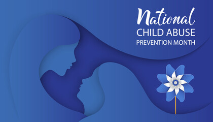 National Child Abuse Prevention Month. Girl and mother silhouette with pinwheel. Concept of children protection and safety. Template for banner, card, poster with text inscription. Vector illustration