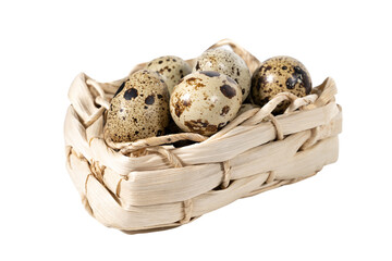 Boiled spotted quail eggs in a wicker basket, isolated on white background.  Healthy Food Products Concept.