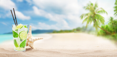 Fresh cold cocktail on tropical beach