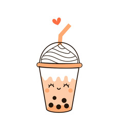 Bubble milk green tea cup with cute face on pink background vector illustration. Cute cartoon character.